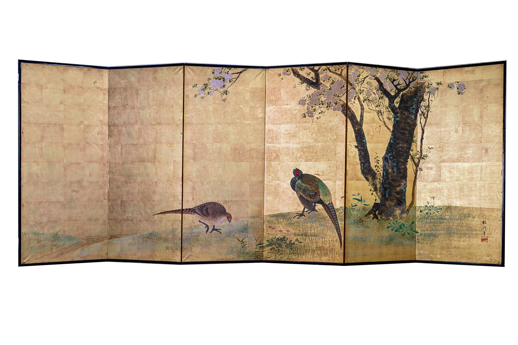Japanese Six Panel Screen: Pheasants Beneath Flowering Cherry For Sale 8
