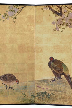 Paravent japonais à six panneaux : faisans sous un cerisier fleuri