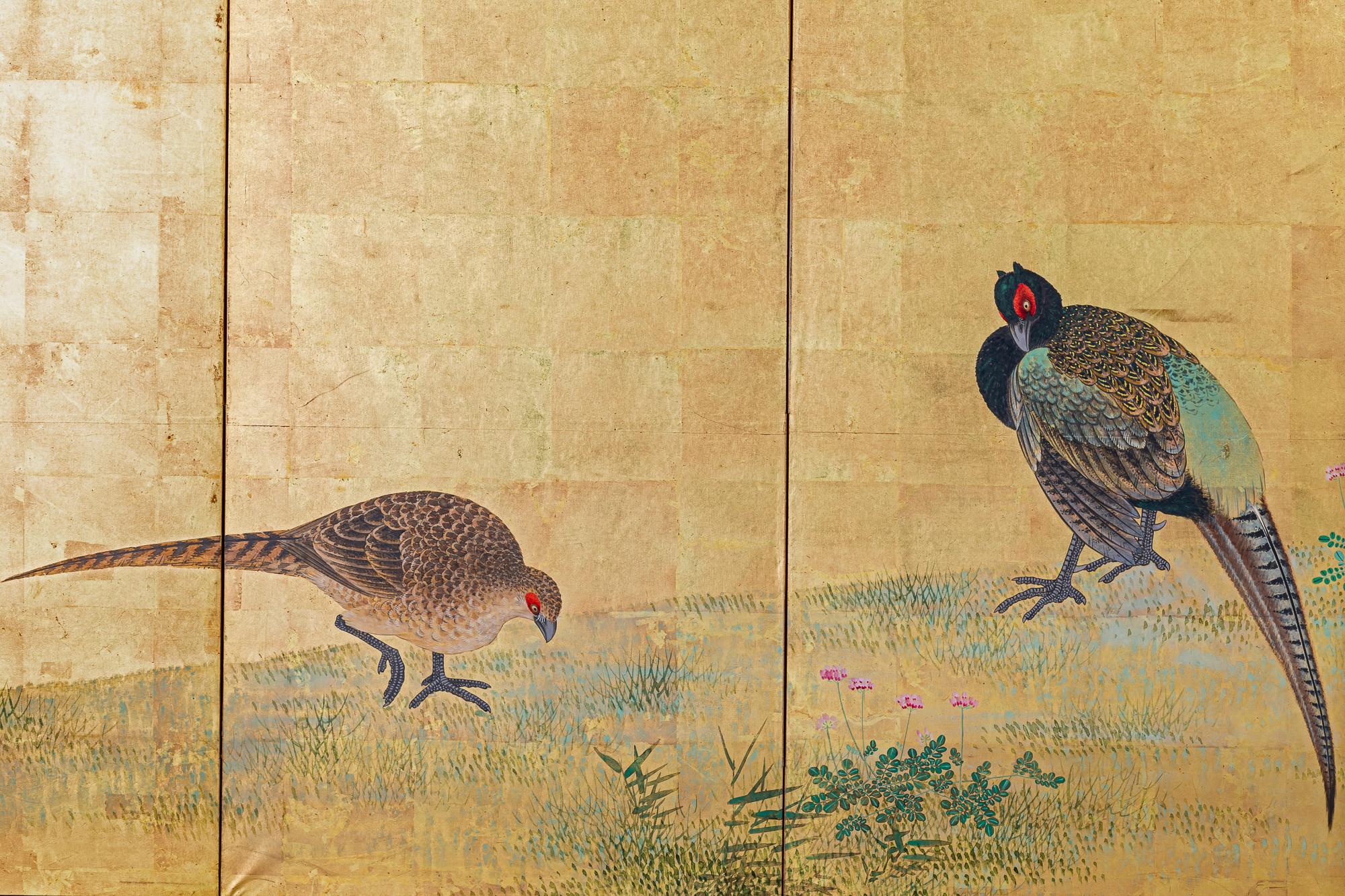 Japanese Six Panel Screen: Pheasants Beneath Flowering Cherry In Good Condition In Hudson, NY