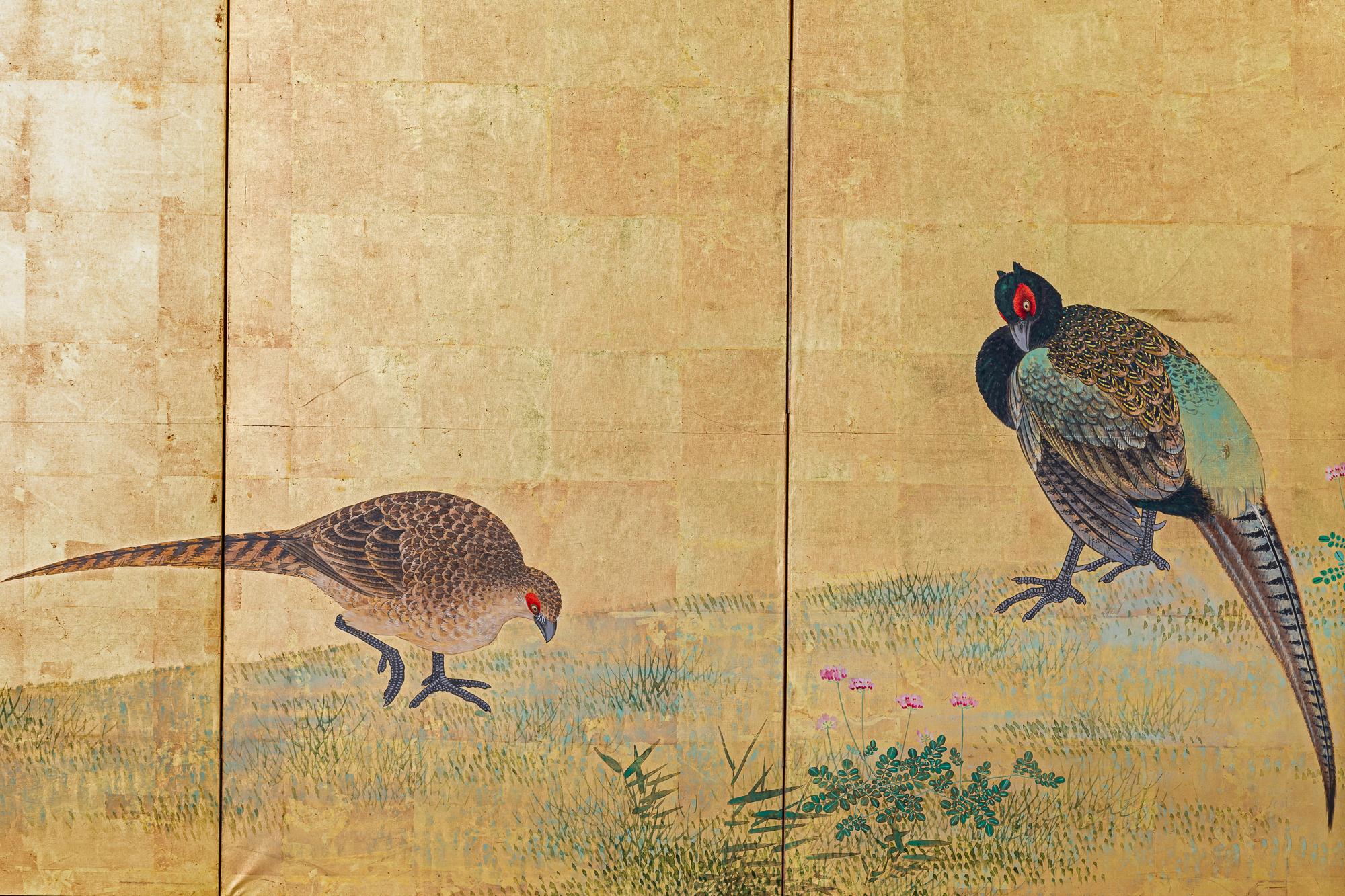 Japanese Six Panel Screen: Pheasants Beneath Flowering Cherry In Good Condition For Sale In Hudson, NY