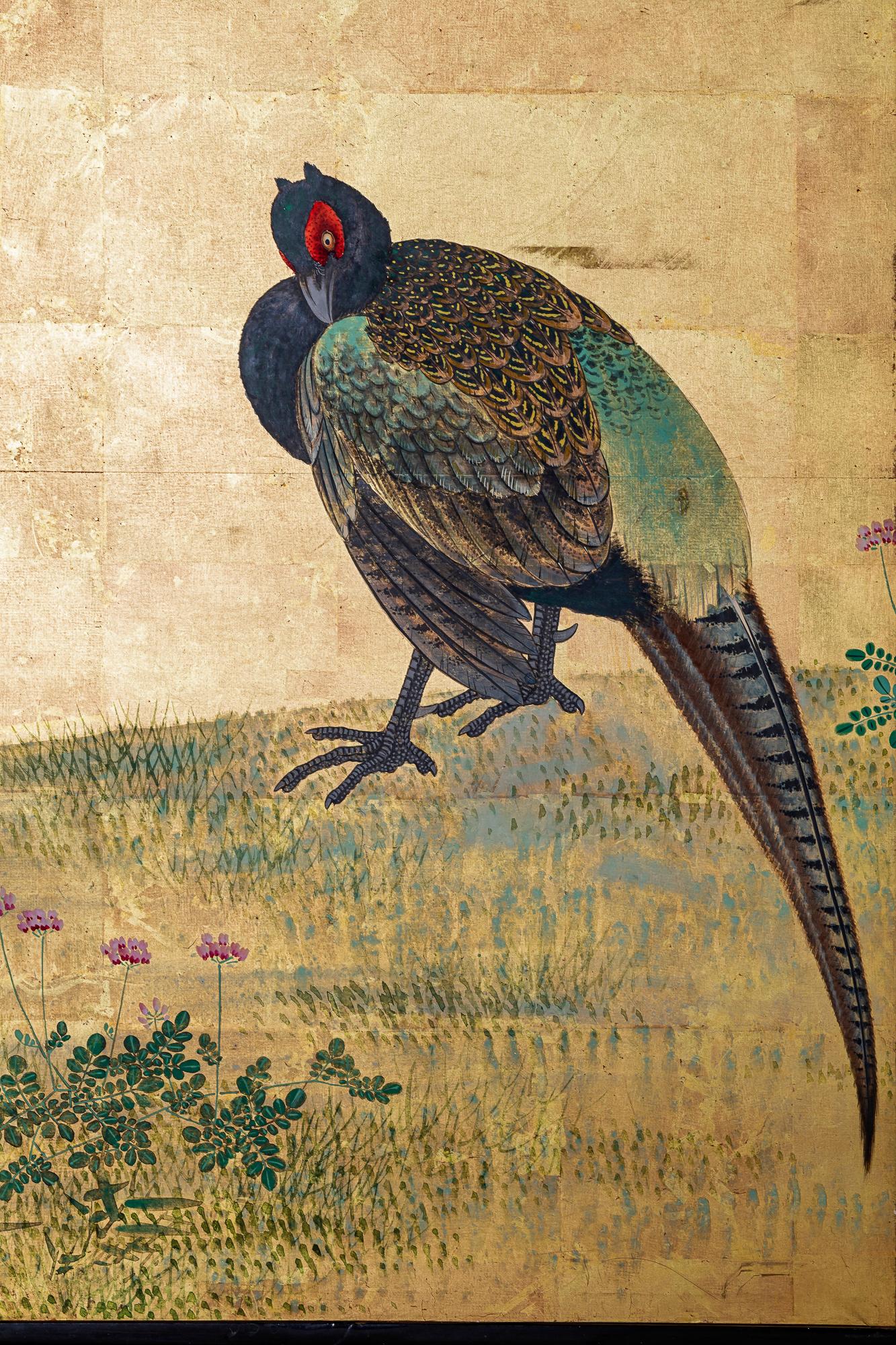19th Century Japanese Six Panel Screen: Pheasants Beneath Flowering Cherry