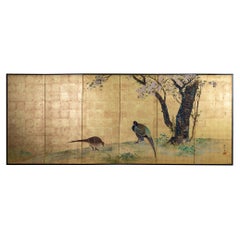 Japanese Six Panel Screen: Pheasants Beneath Flowering Cherry