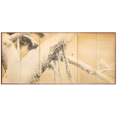 Japanese Six-Panel Screen, Pine in Winter