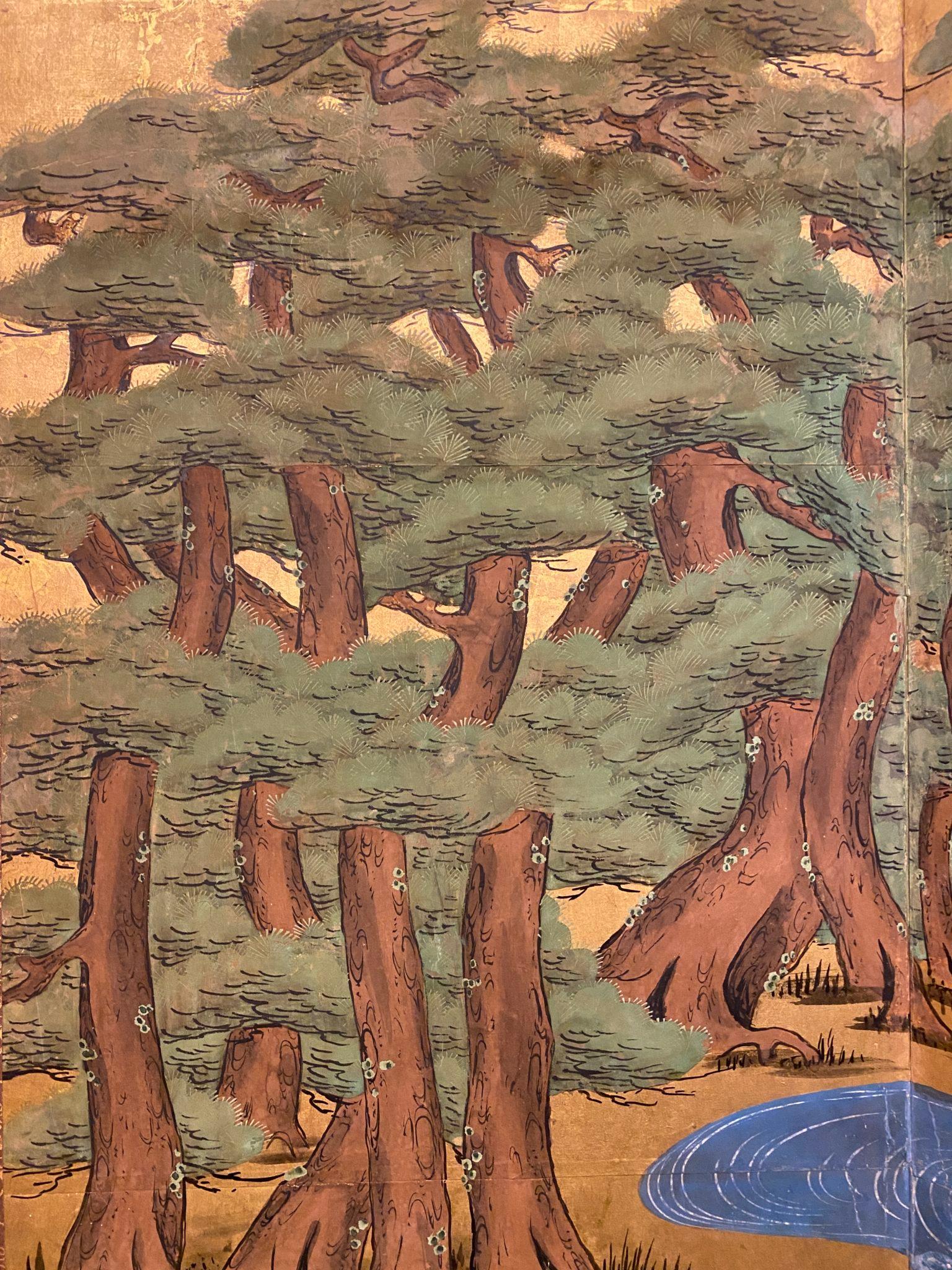Hamamatsu (Pine Tree Island). Kano School painting in mineral pigments on gold leaf and mulberry paper with brocade border.