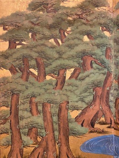 Japanese Six Panel Screen Pine Trees and Boats at Water’s Edge
