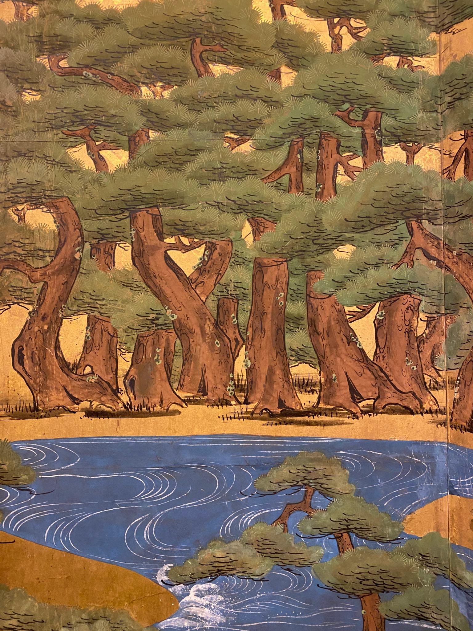 Japanese Six Panel Screen Pine Trees and Boats at Water’s Edge In Good Condition For Sale In Hudson, NY