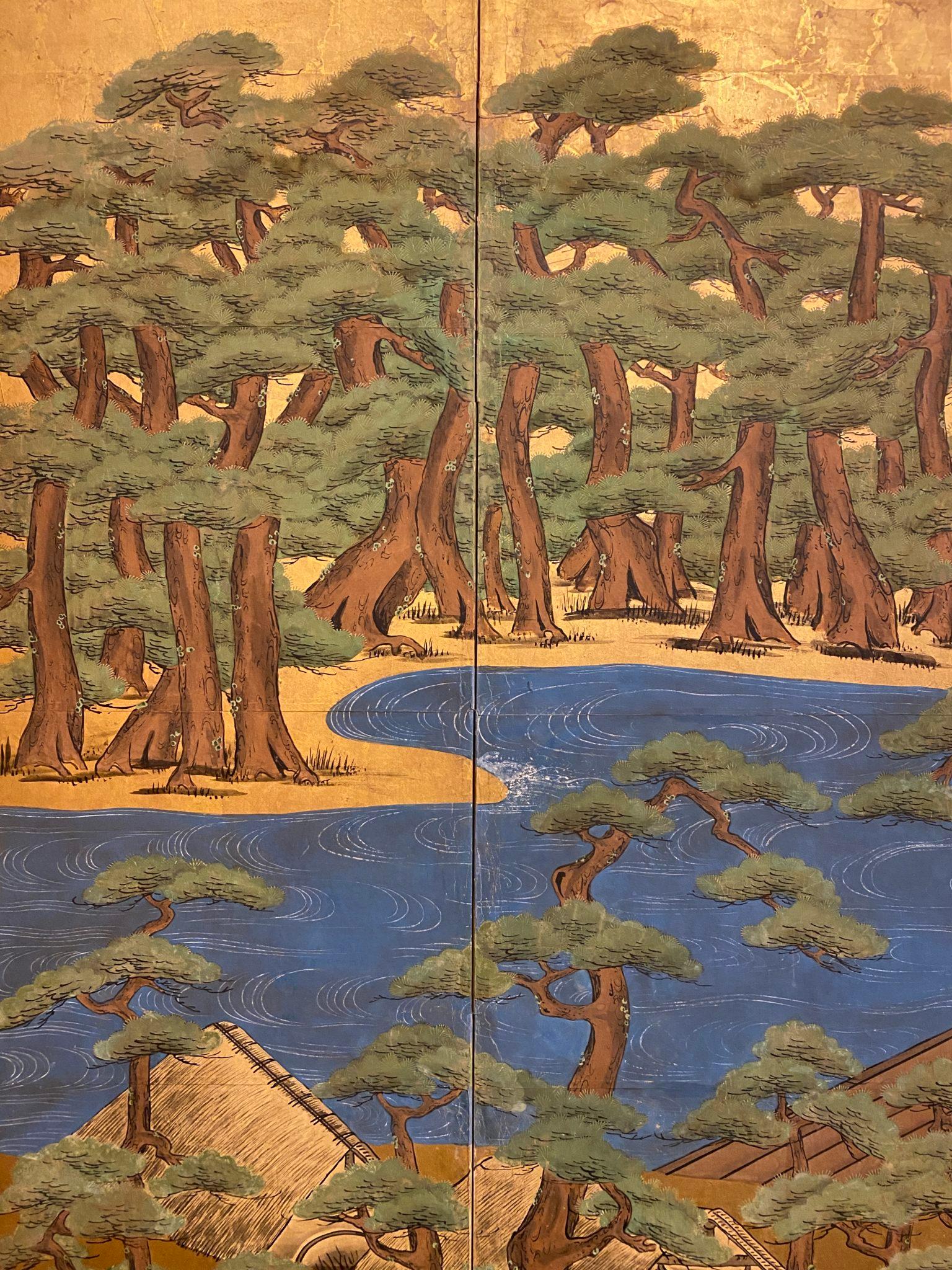 19th Century Japanese Six Panel Screen Pine Trees and Boats at Water’s Edge For Sale