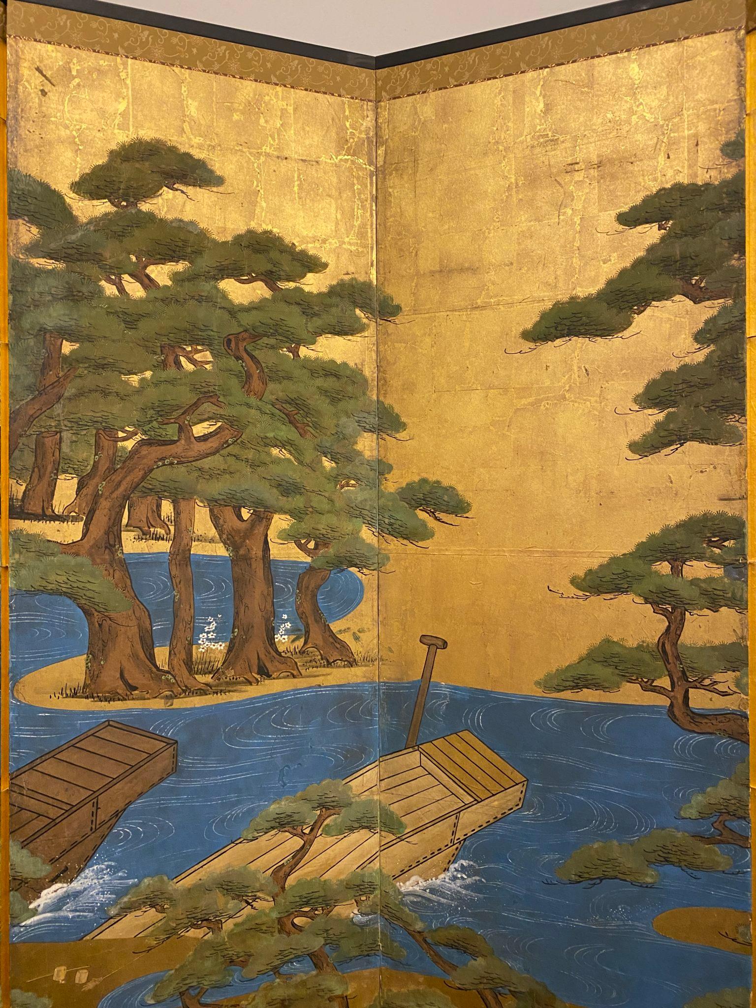 Japanese Six Panel Screen Pine Trees and Boats at Water’s Edge For Sale 1