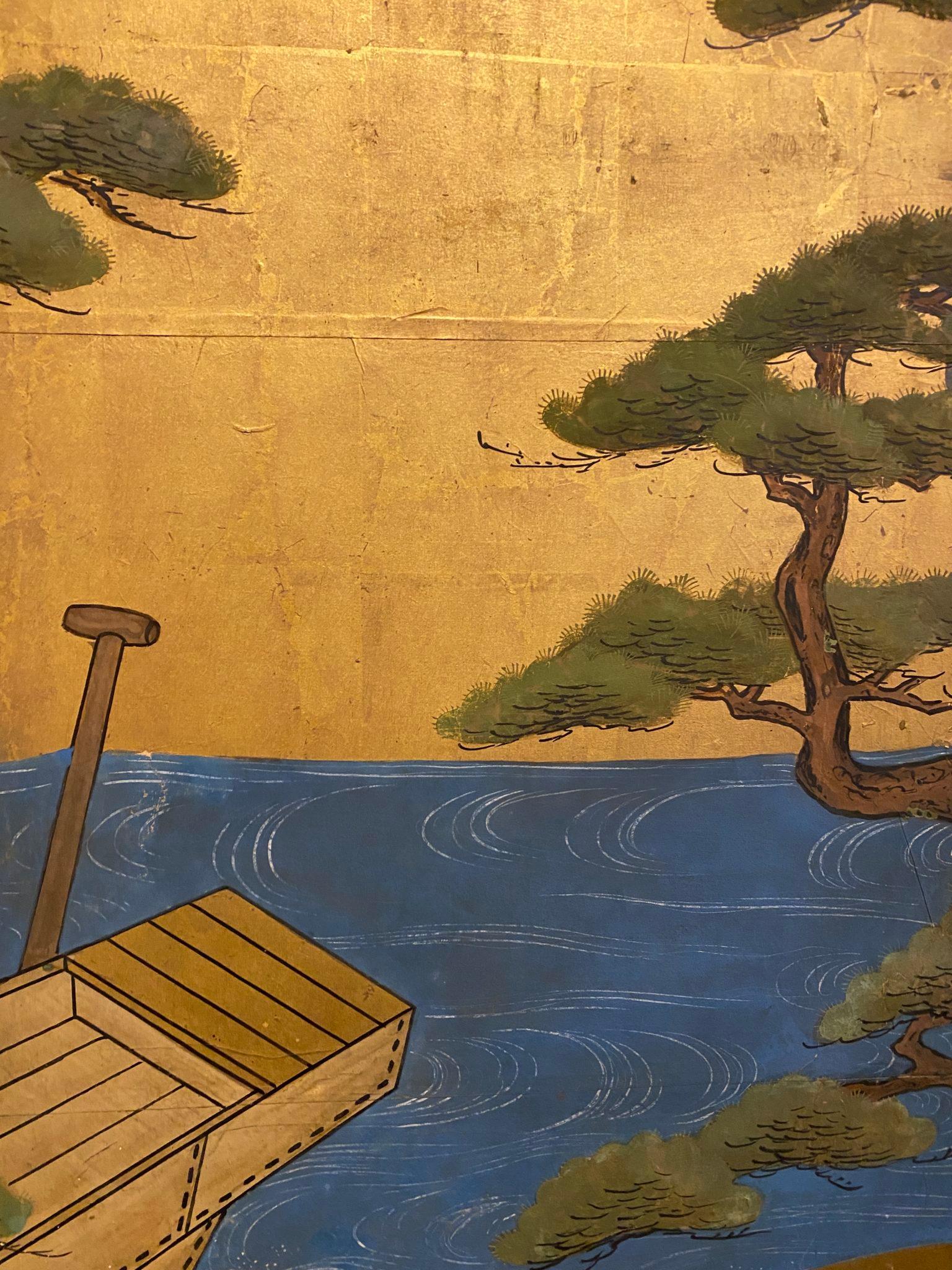 Japanese Six Panel Screen Pine Trees and Boats at Water’s Edge For Sale 2