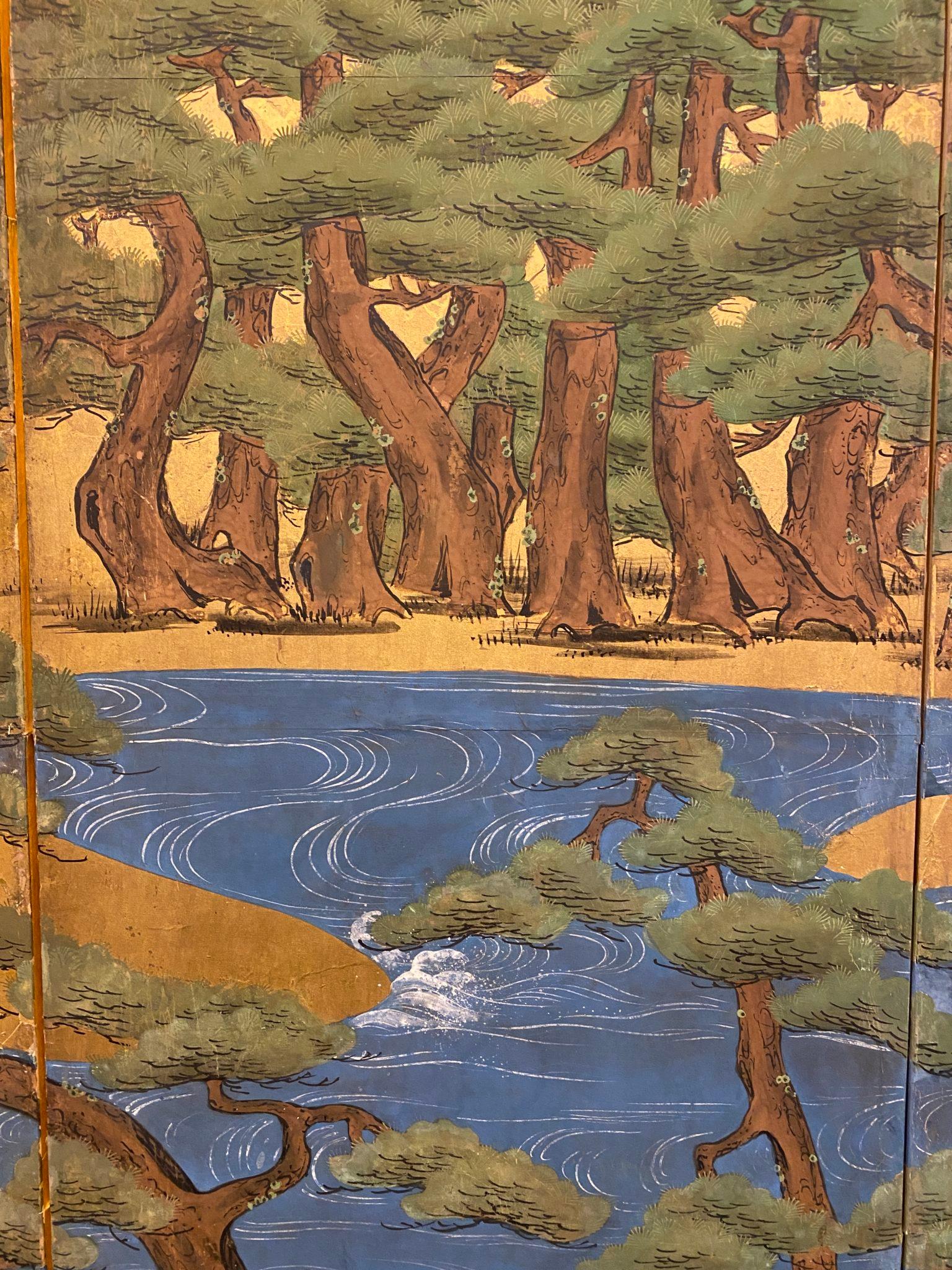 Japanese Six Panel Screen Pine Trees and Boats at Water’s Edge For Sale 3