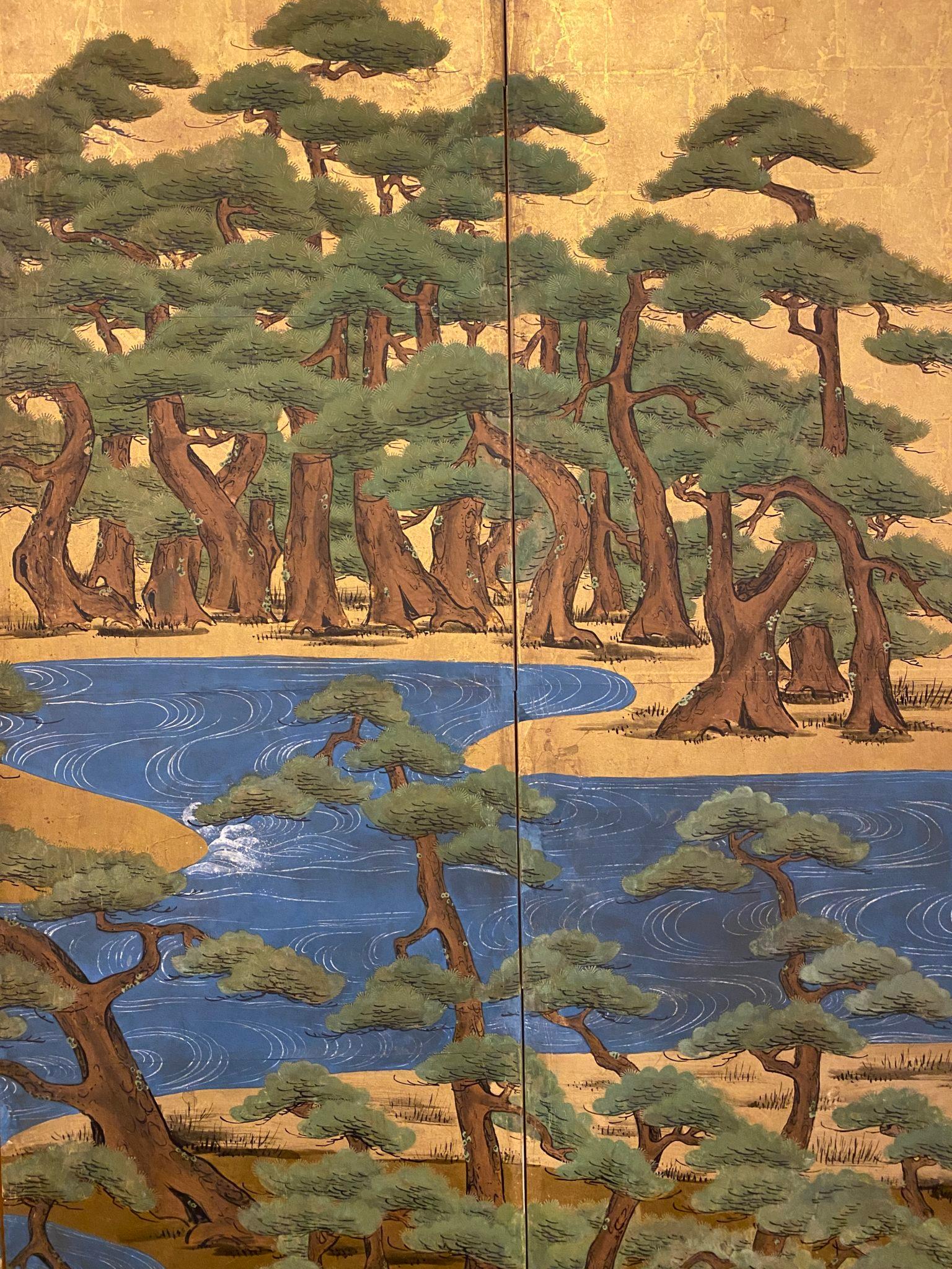 Japanese Six Panel Screen Pine Trees and Boats at Water’s Edge For Sale 4