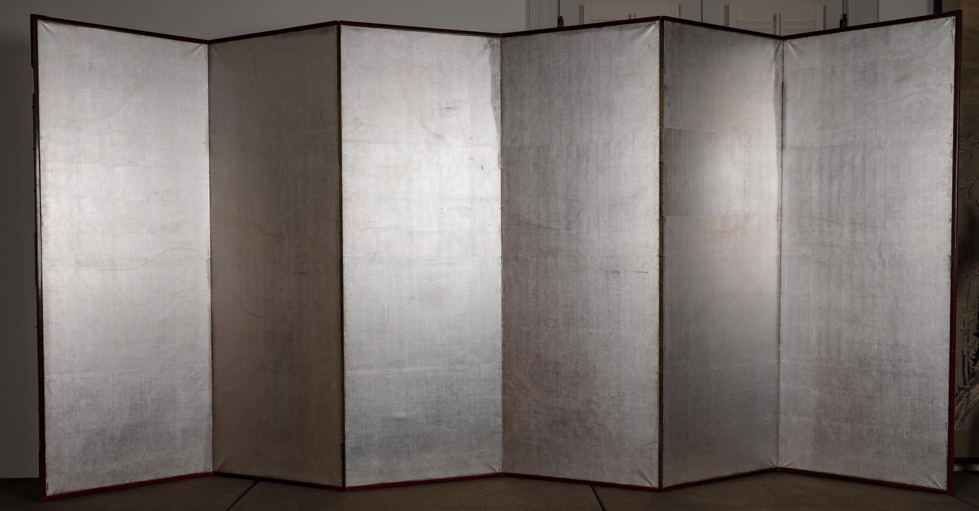 Japanese Six Panel Screen: Plain Silver Leaf on Paper For Sale 8
