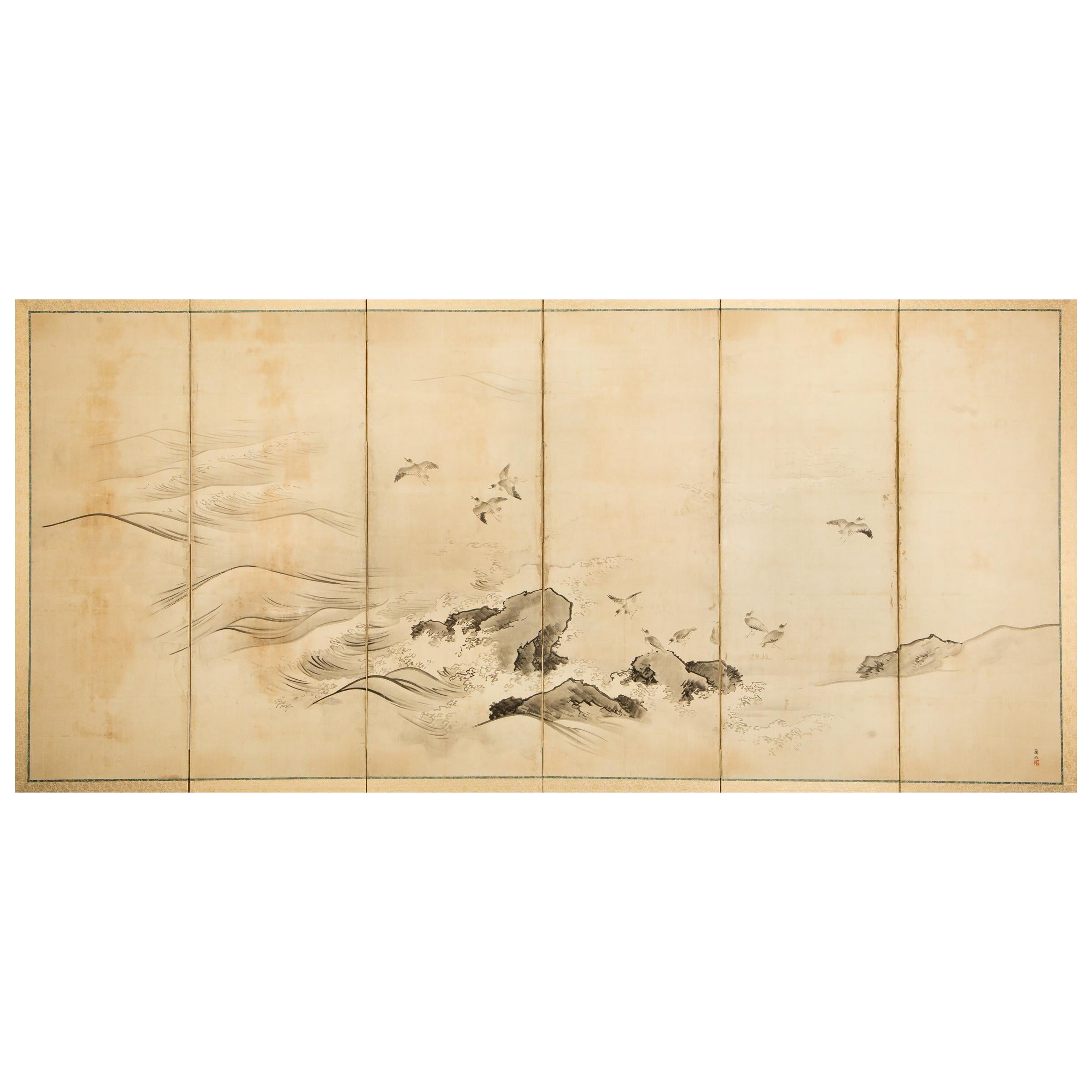 Japanese Six-Panel Screen Plovers in Flight Over Coastal Landscape For Sale
