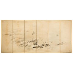 Antique Japanese Six-Panel Screen Plovers in Flight Over Coastal Landscape