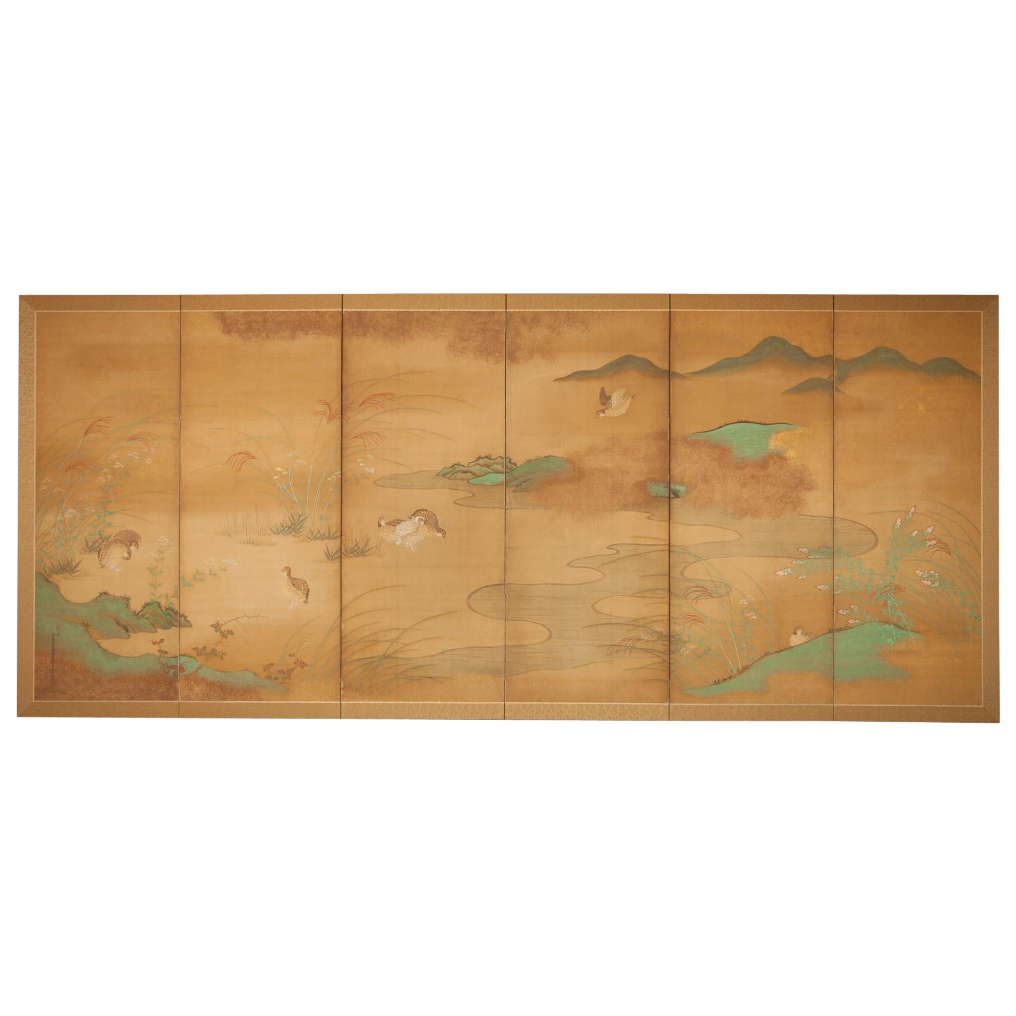 Japanese Six Panel Screen, Quails in a Gentle Landscape