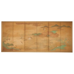 Japanese Six Panel Screen, Quails in a Gentle Landscape