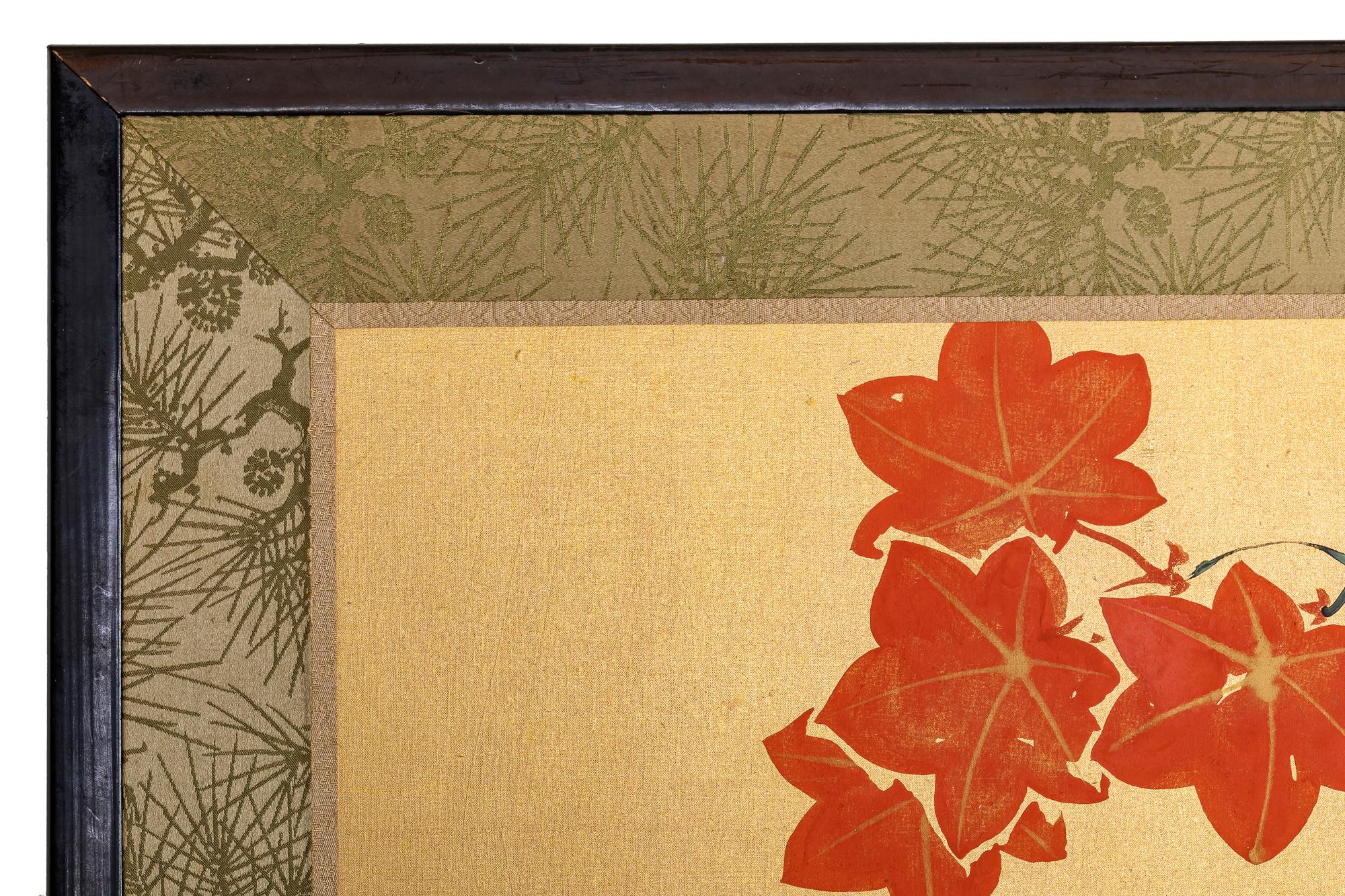 Japanese Six Panel Screen: Red Maple and Flowers on Gold Silk For Sale 7