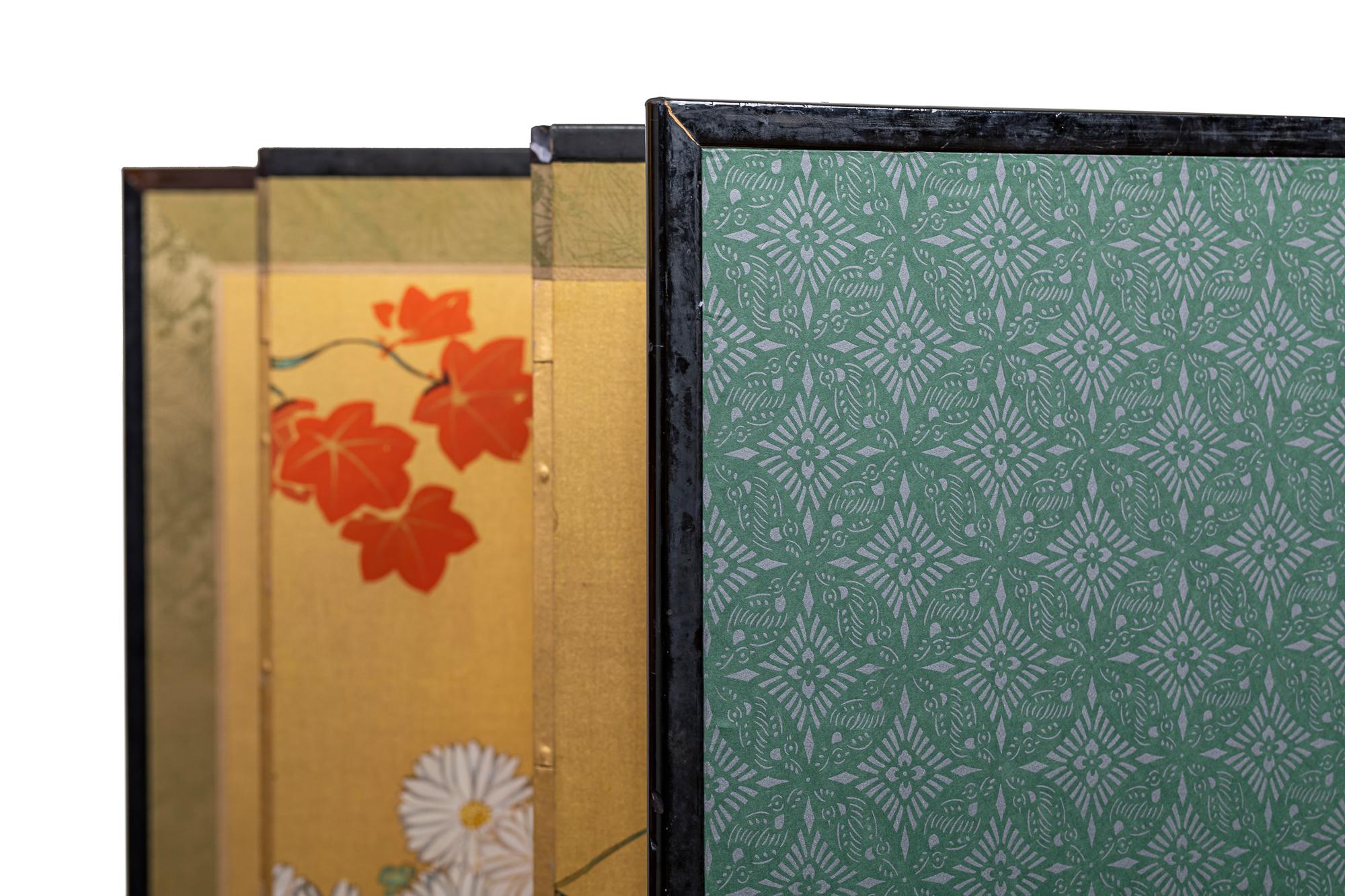 Japanese Six Panel Screen: Red Maple and Flowers on Gold Silk For Sale 8