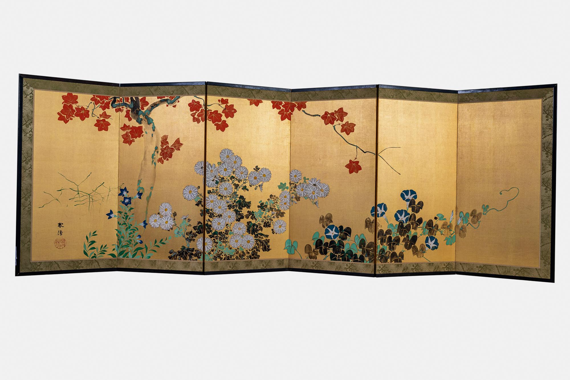 Japanese Six Panel Screen: Red Maple and Flowers on Gold Silk For Sale 9