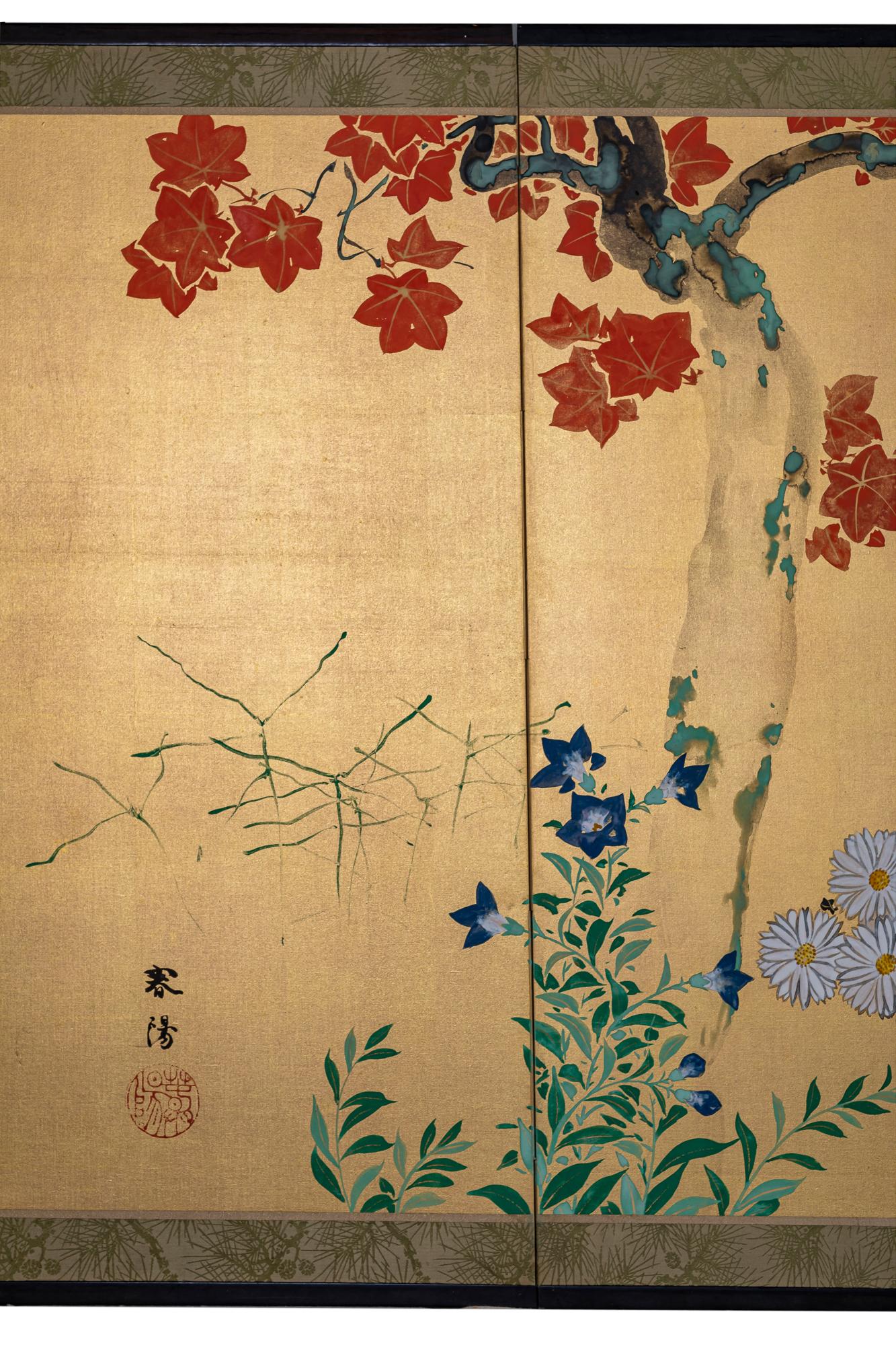 Rimpa Floral Scene with Chrysanthemum, Morning Glories and Blue Bell Flowers.  Pigment on gilded silk, signature and seal read: Hattori Shunyo.   Bold colors and strong design elements combined with the trademark tarashikomi (diluted elements