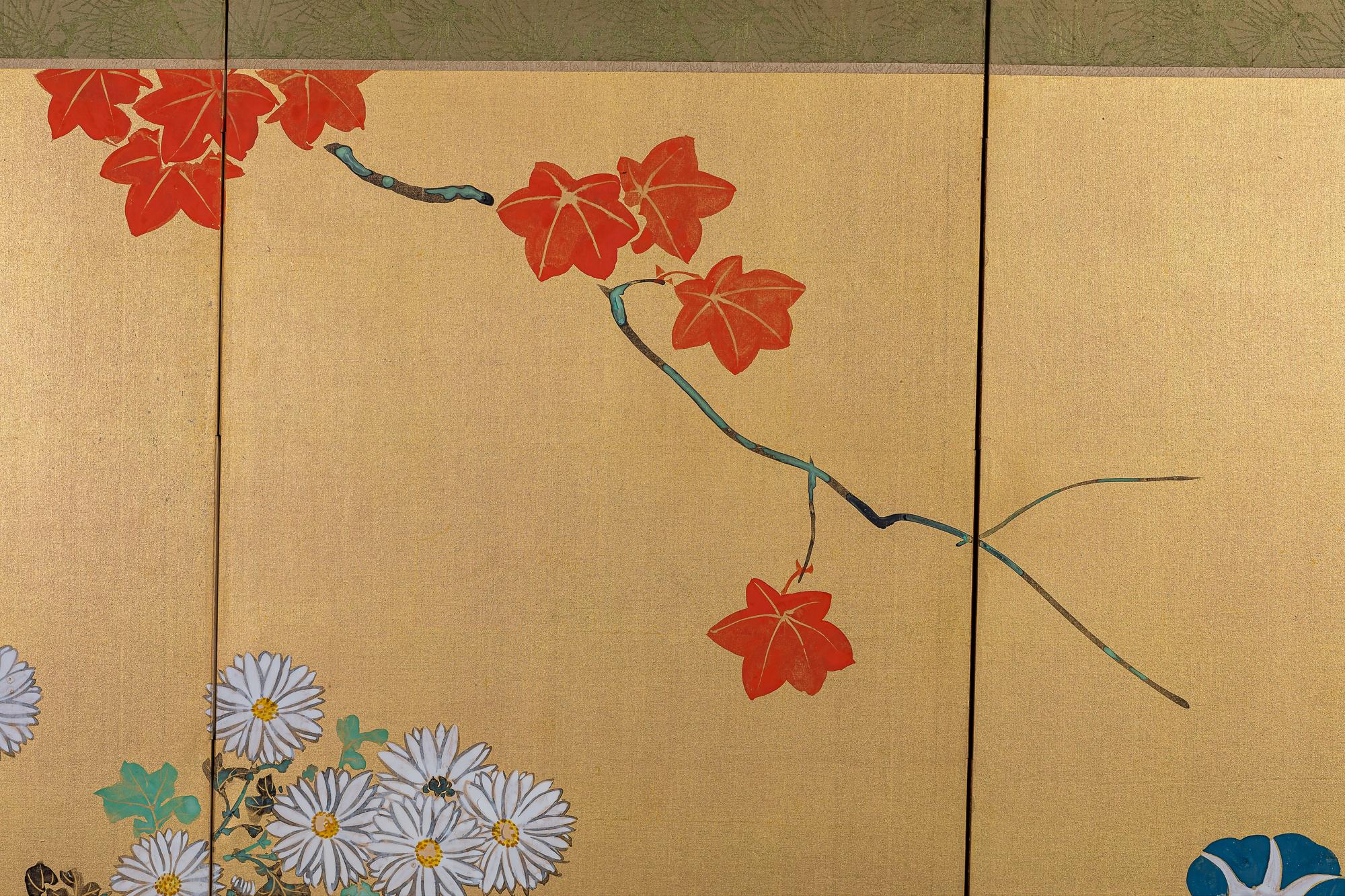 20th Century Japanese Six Panel Screen: Red Maple and Flowers on Gold Silk For Sale