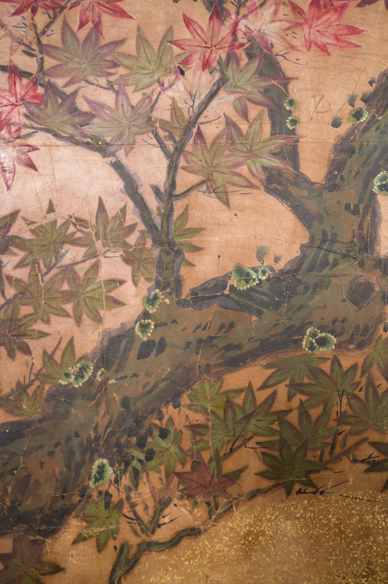 Japanese Six Panel Screen Red Maple on Mulberry Paper For Sale 7