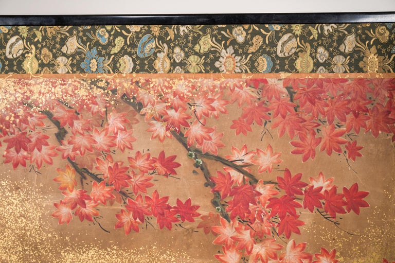 Japanese Six Panel Screen Red Maple on Mulberry Paper For Sale 12