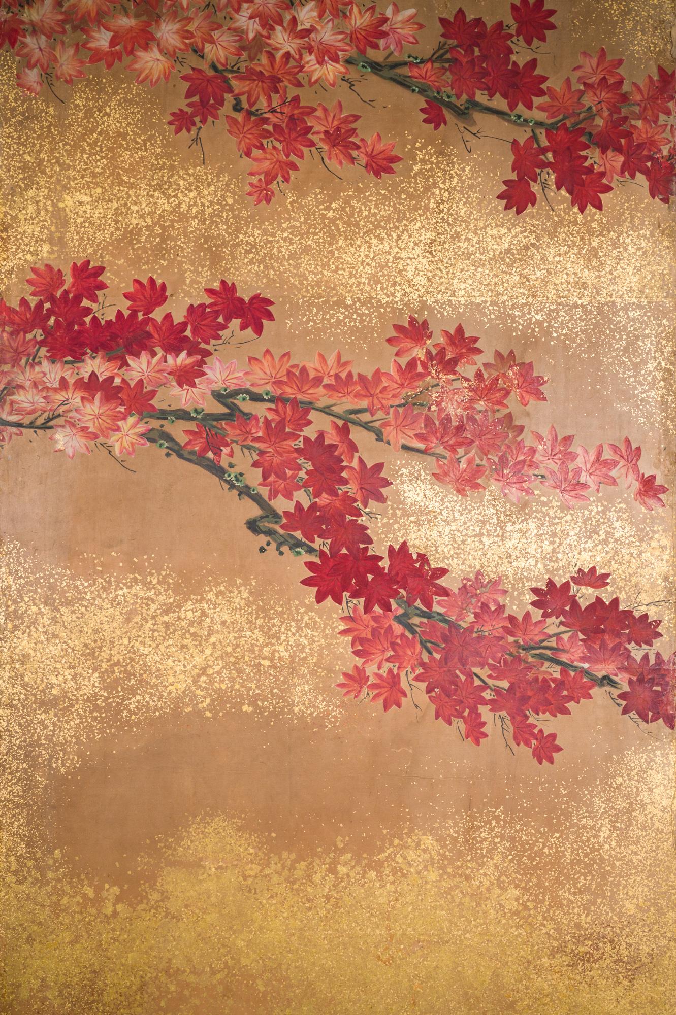 Japanese Six Panel Screen Red Maple on Mulberry Paper In Good Condition In Hudson, NY