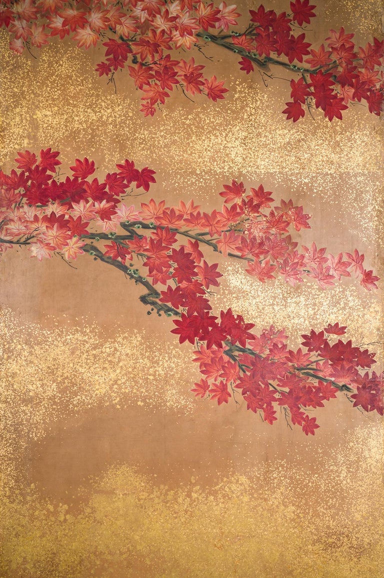 Japanese Six Panel Screen Red Maple on Mulberry Paper In Good Condition For Sale In Hudson, NY