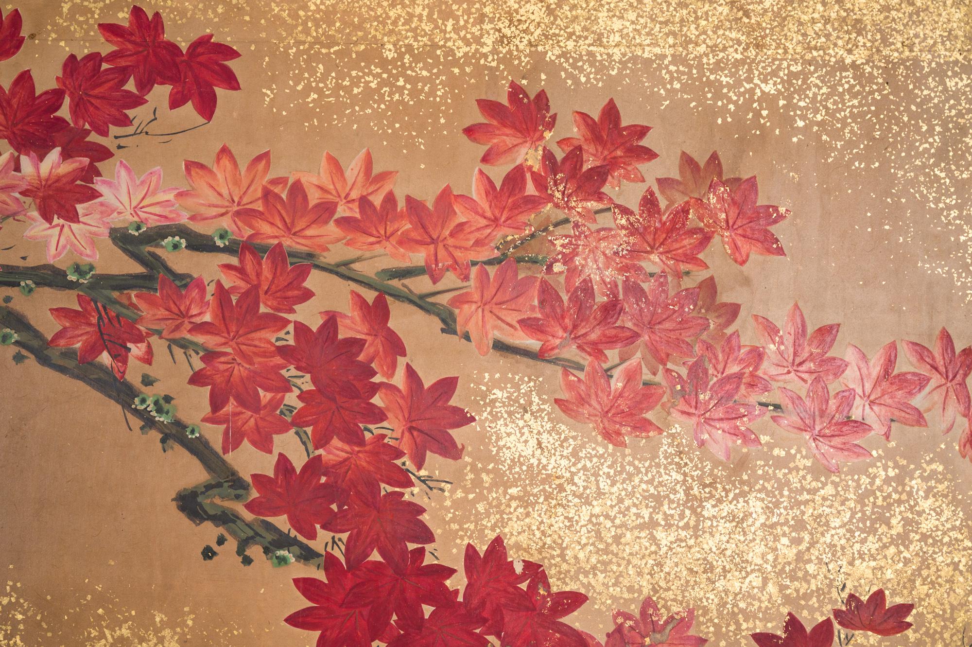 Japanese Six Panel Screen Red Maple on Mulberry Paper 1