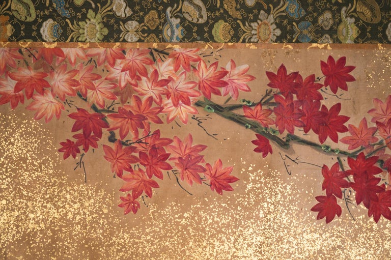 Japanese Six Panel Screen Red Maple on Mulberry Paper For Sale 2