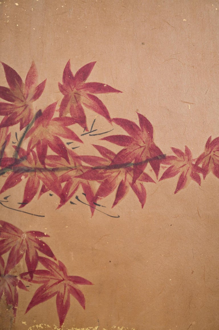 Japanese Six Panel Screen Red Maple on Mulberry Paper For Sale 3
