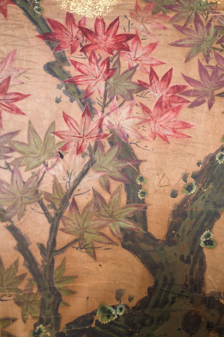 Japanese Six Panel Screen Red Maple on Mulberry Paper For Sale 5