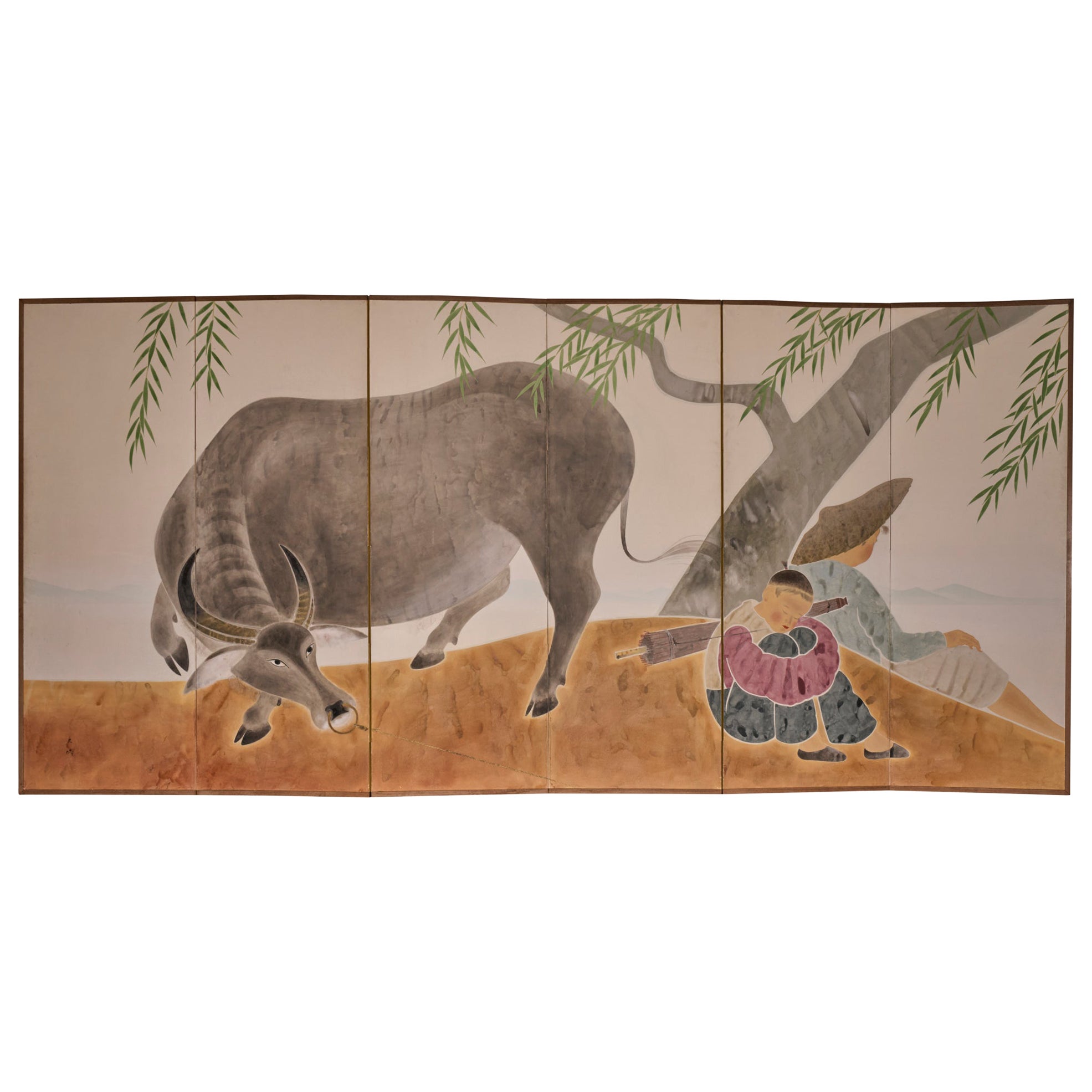Japanese Six Panel Screen: Resting Under Willow For Sale