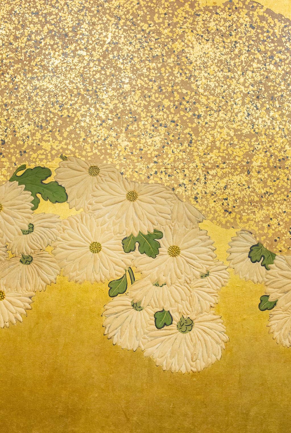 Edo Japanese Six-Panel Screen, Rimpa School Chrysanthemums on Gold For Sale