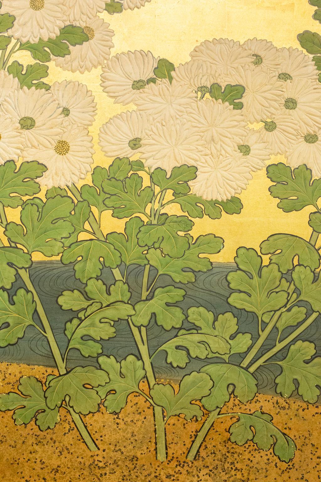 19th Century Japanese Six-Panel Screen, Rimpa School Chrysanthemums on Gold For Sale