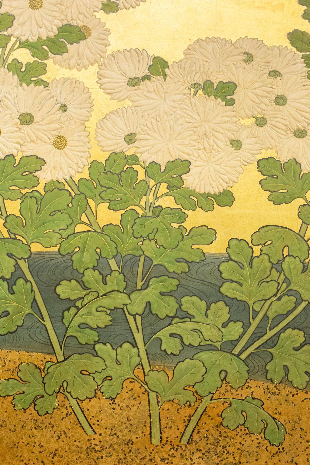 19th Century Japanese Six-Panel Screen, Rimpa School Chrysanthemums on Gold