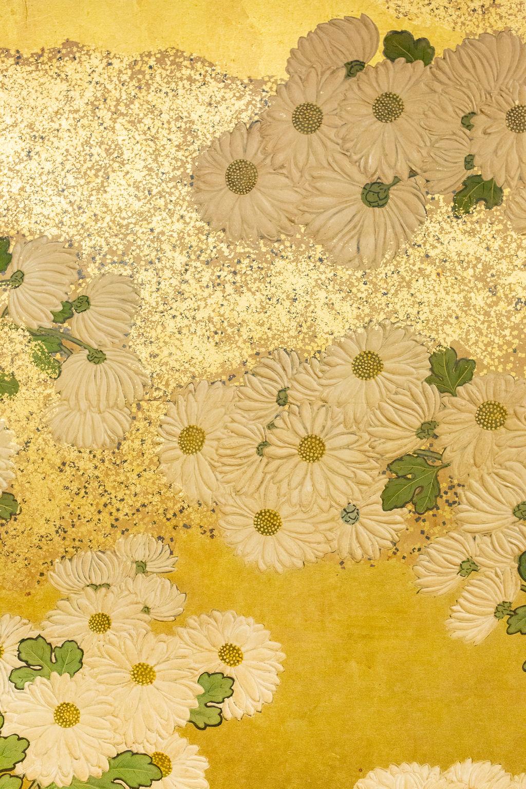 Silk Japanese Six-Panel Screen, Rimpa School Chrysanthemums on Gold For Sale