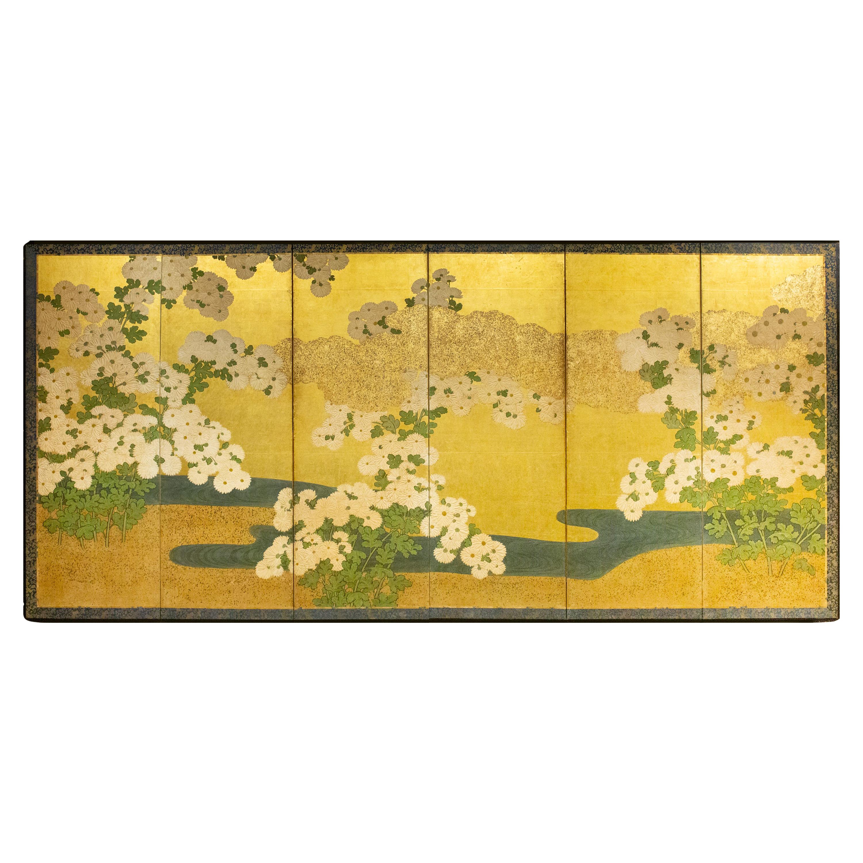 Japanese Six-Panel Screen, Rimpa School Chrysanthemums on Gold For Sale