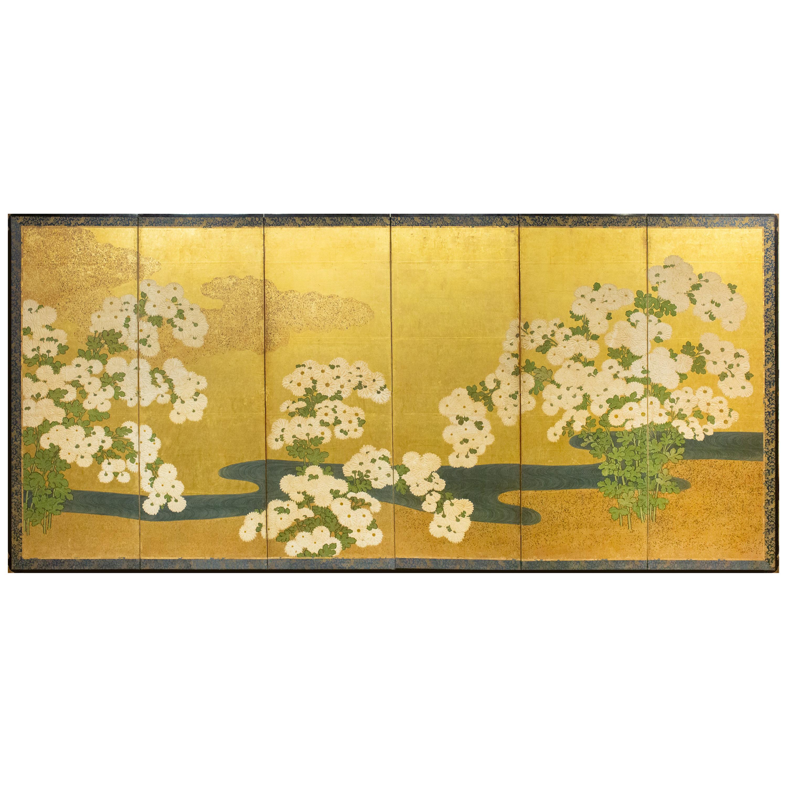 Japanese Six-Panel Screen, Rimpa School Chrysanthemums on Gold For Sale