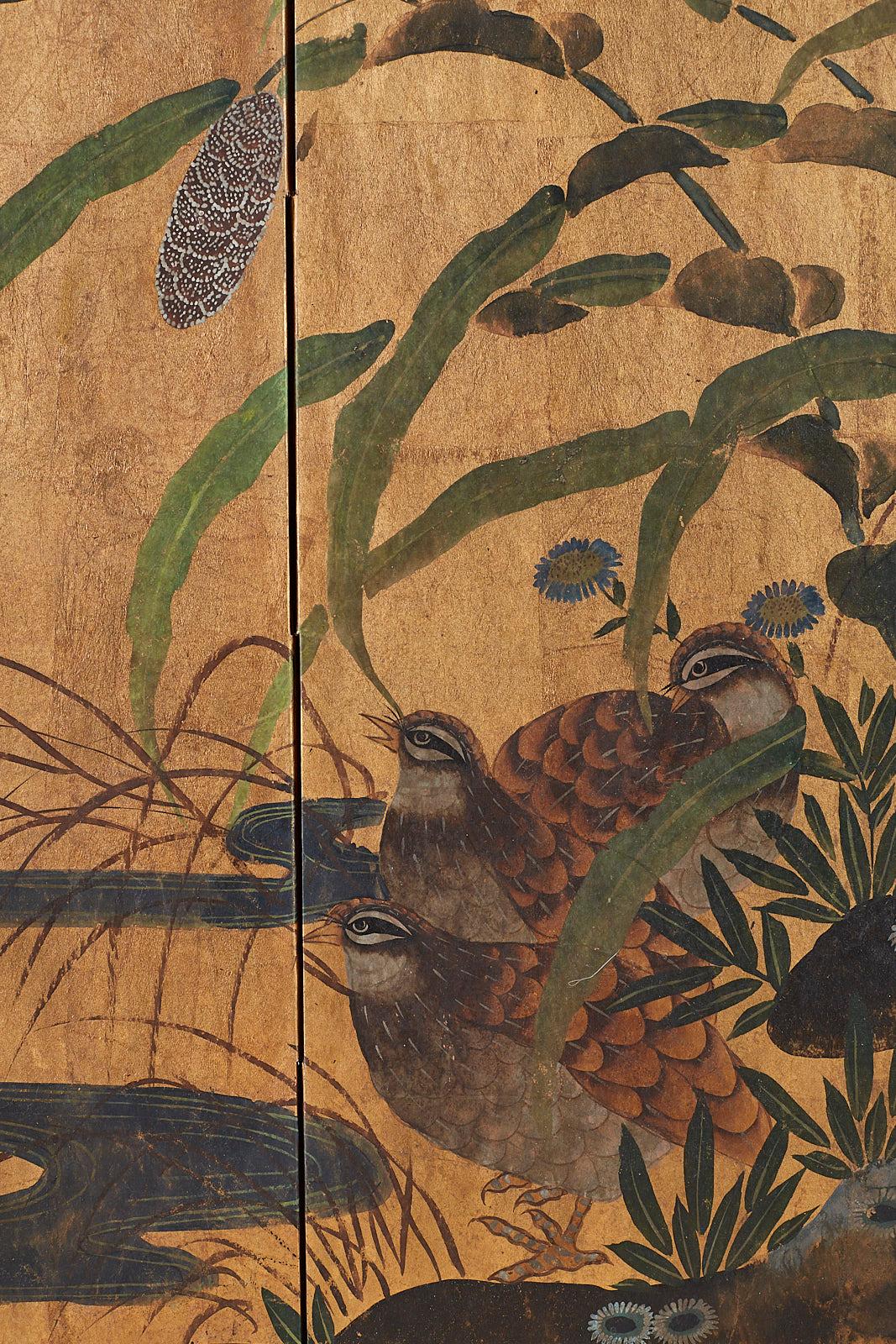 Japanese Six-Panel Screen Rimpa School Quail Landscape 3