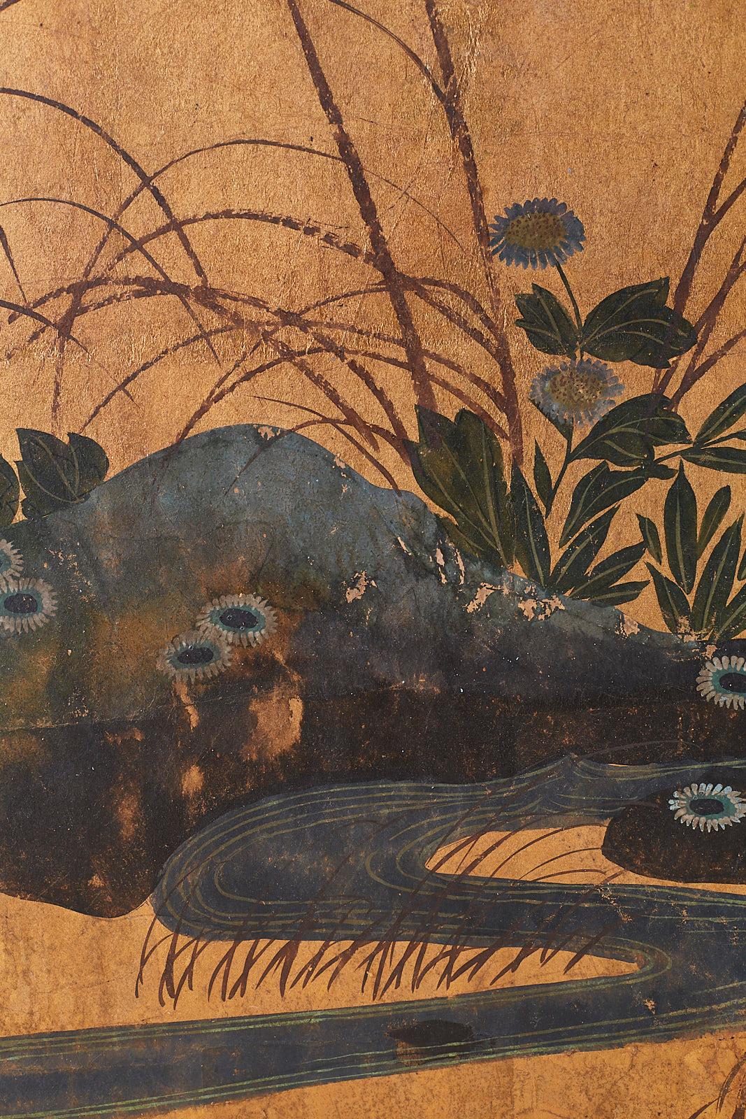 Gold Leaf Japanese Six-Panel Screen Rimpa School Quail Landscape