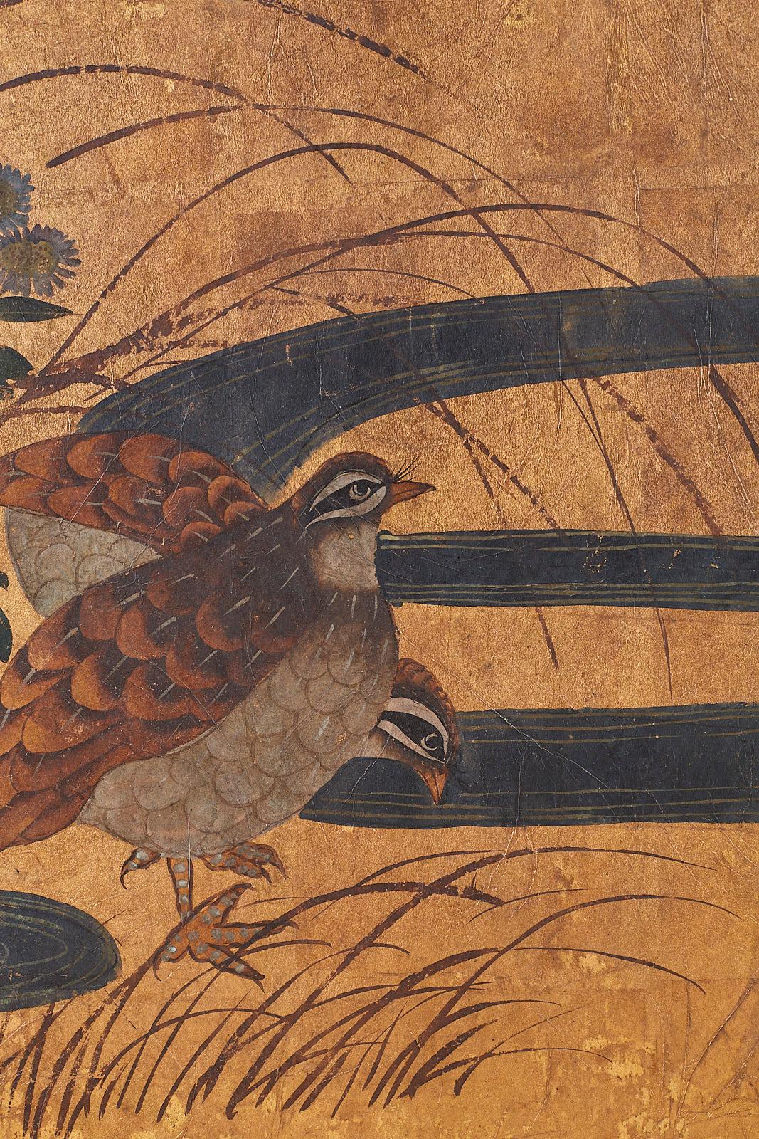 Japanese Six-Panel Screen Rimpa School Quail Landscape 1