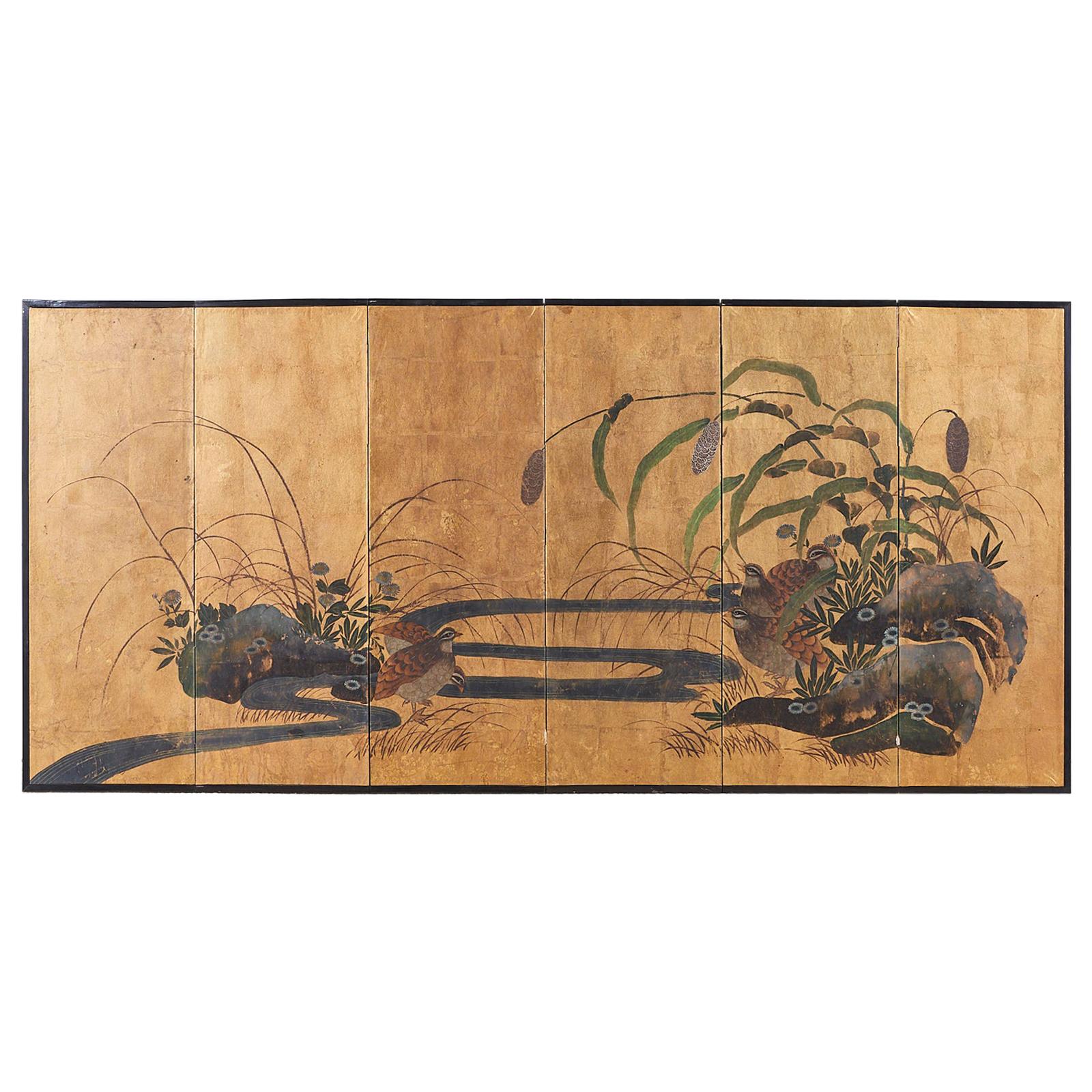 Japanese Six-Panel Screen Rimpa School Quail Landscape