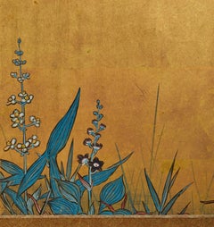 Japanischer Raumteiler mit sechs Tafeln im Rimpa-Stil mit Sommerblumen auf Gold