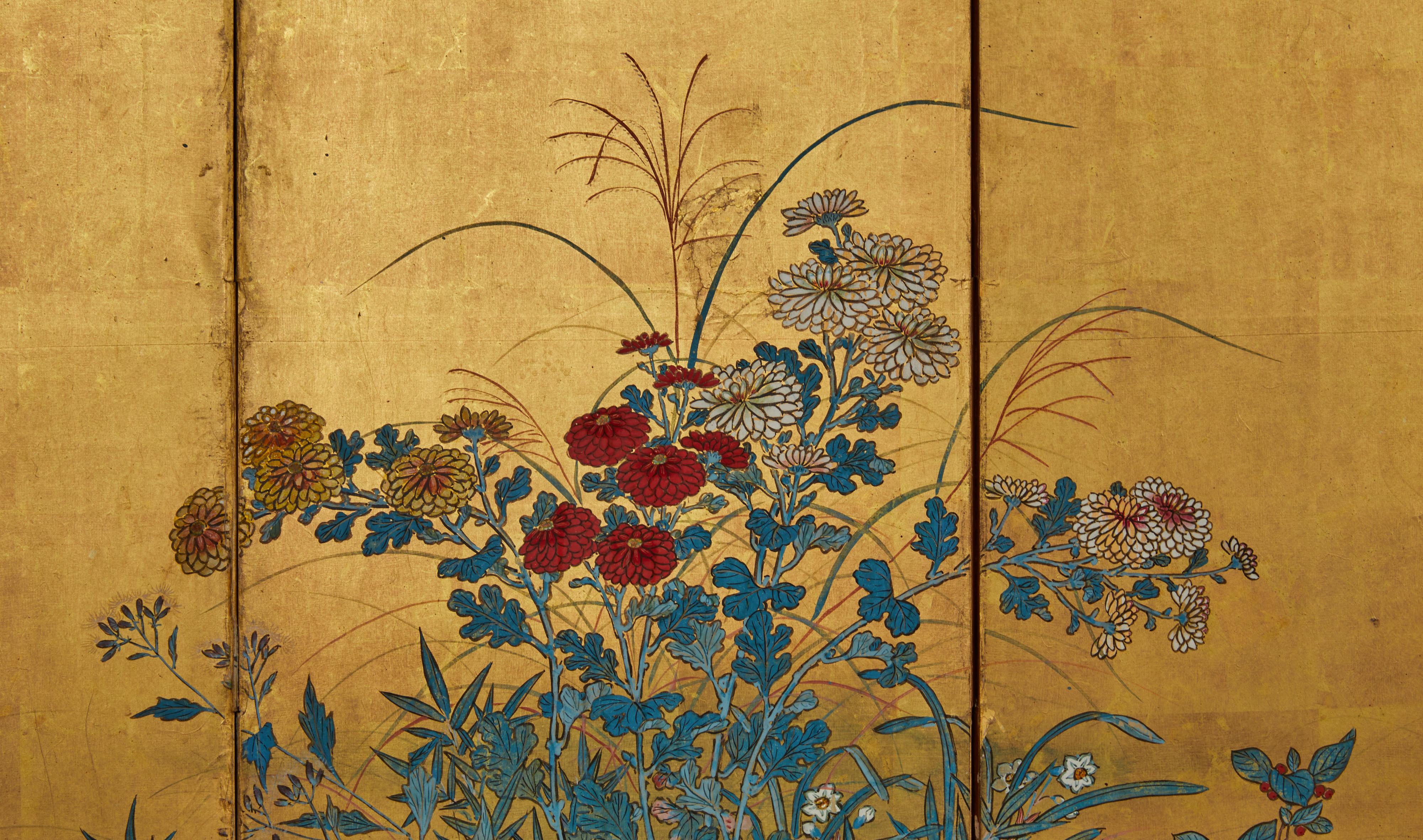 Japanese Six Panel Screen: Rimpa Style Summer Flowers on Gold In Good Condition For Sale In Hudson, NY