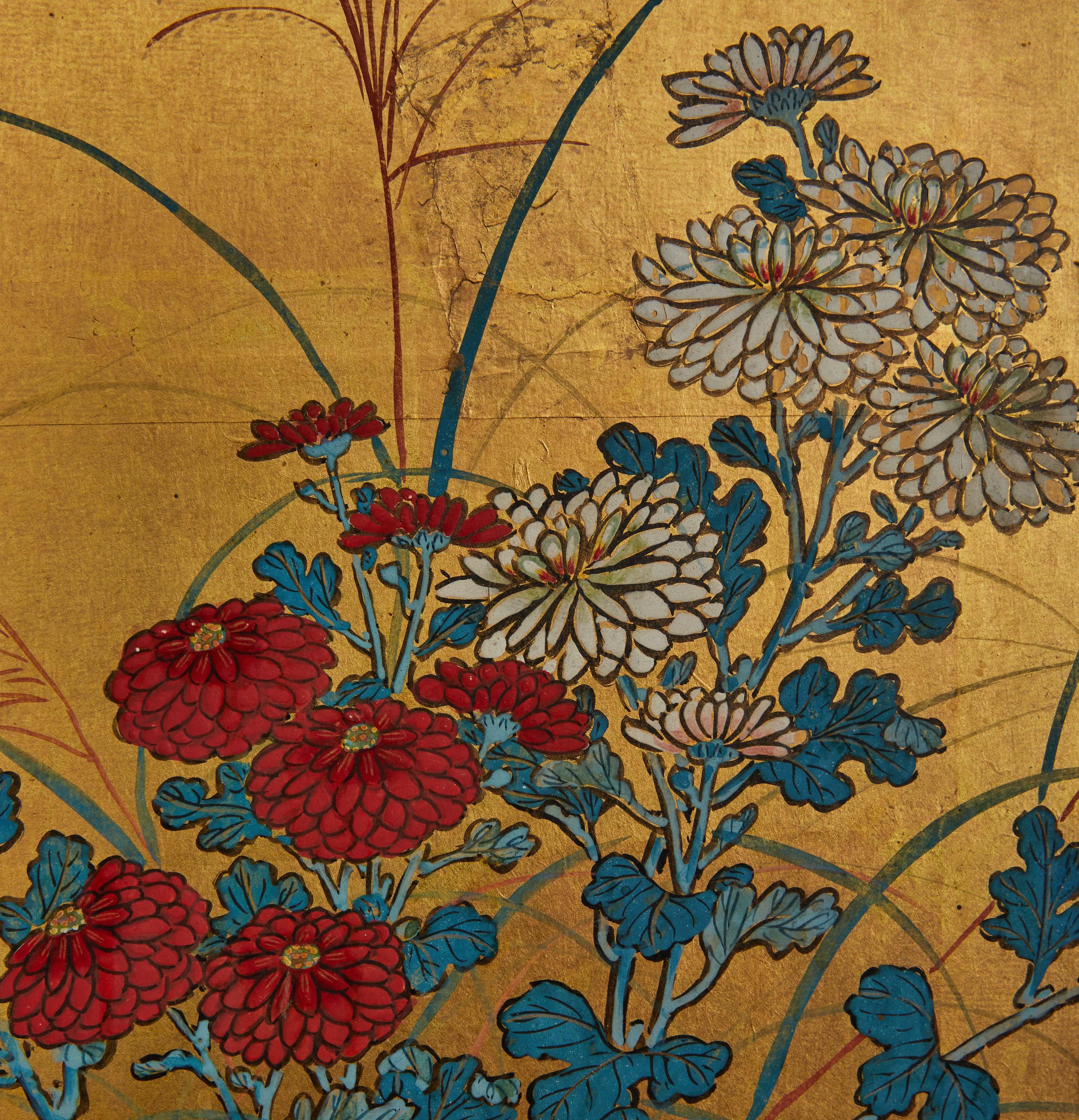 19th Century Japanese Six Panel Screen: Rimpa Style Summer Flowers on Gold For Sale