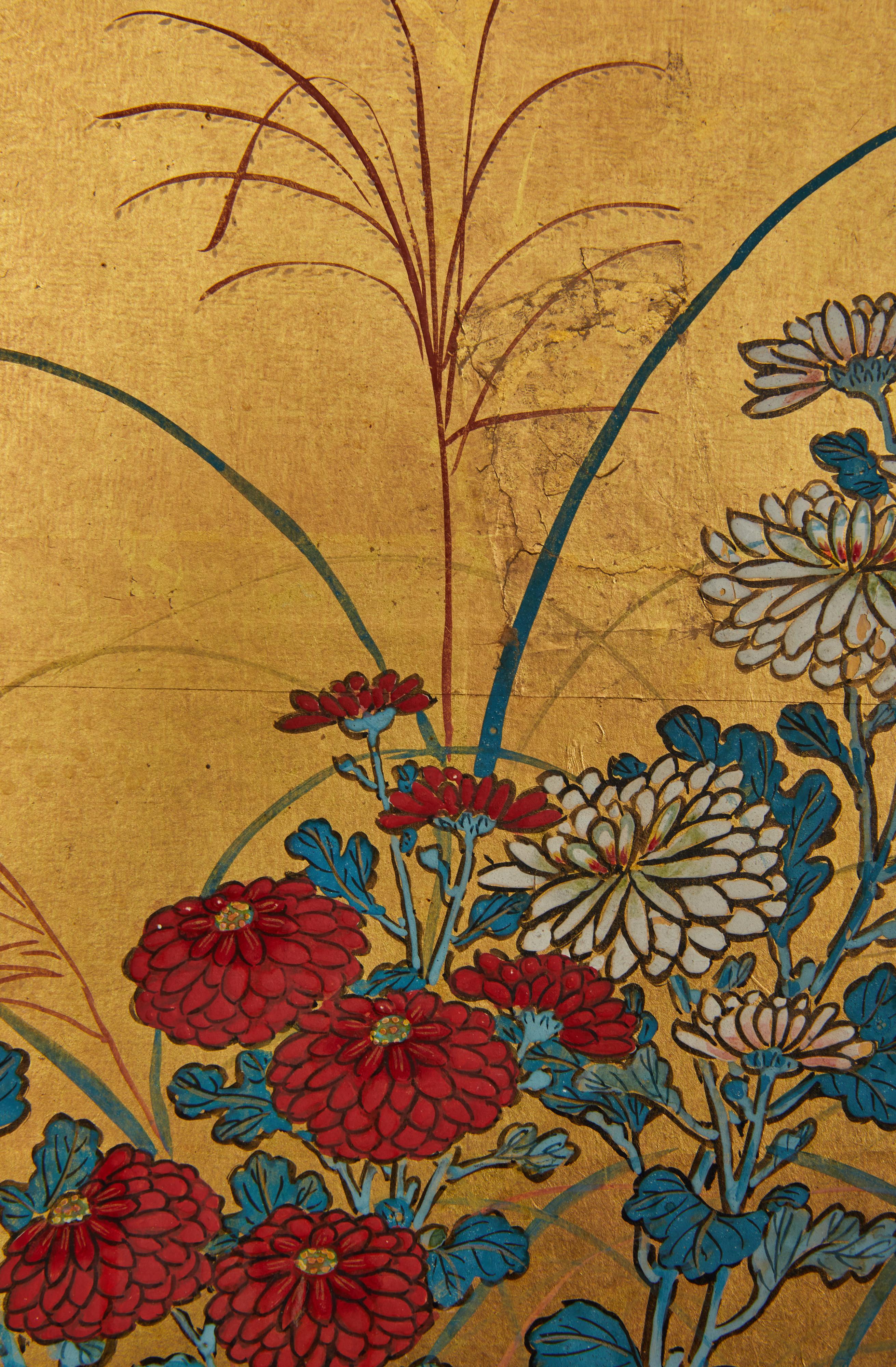 Brocade Japanese Six Panel Screen: Rimpa Style Summer Flowers on Gold For Sale