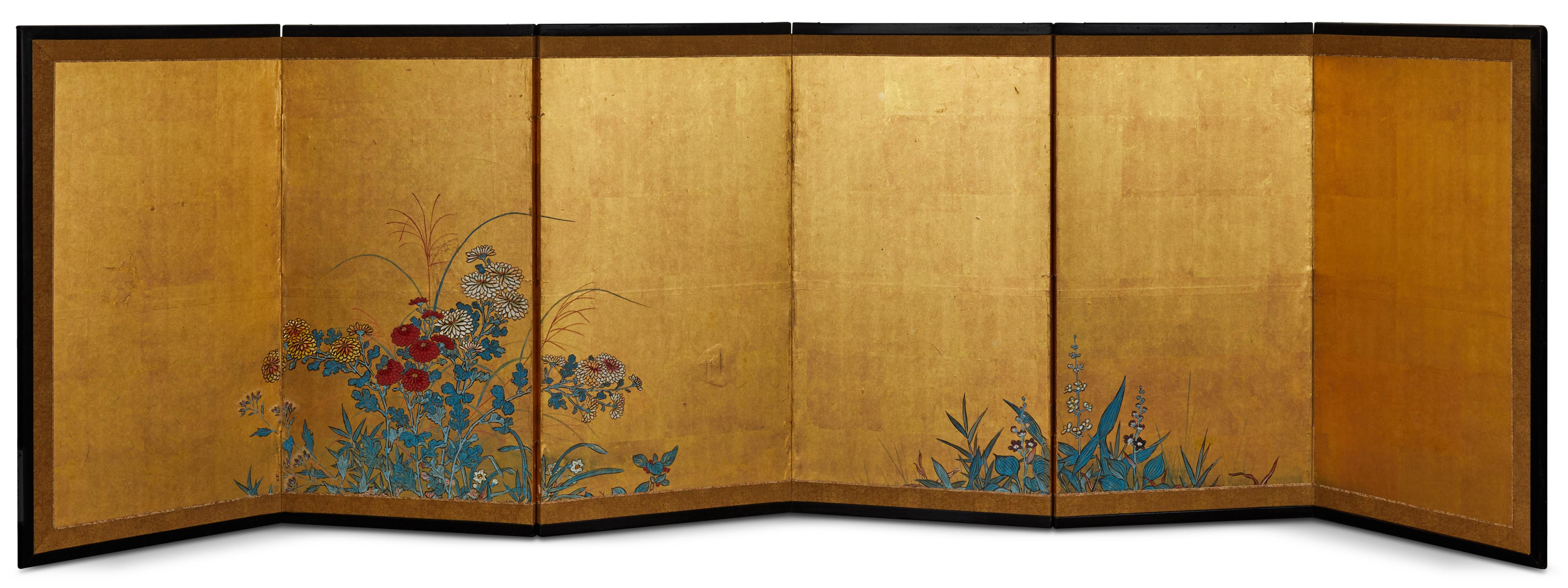 Japanese Six Panel Screen: Rimpa Style Summer Flowers on Gold For Sale 3