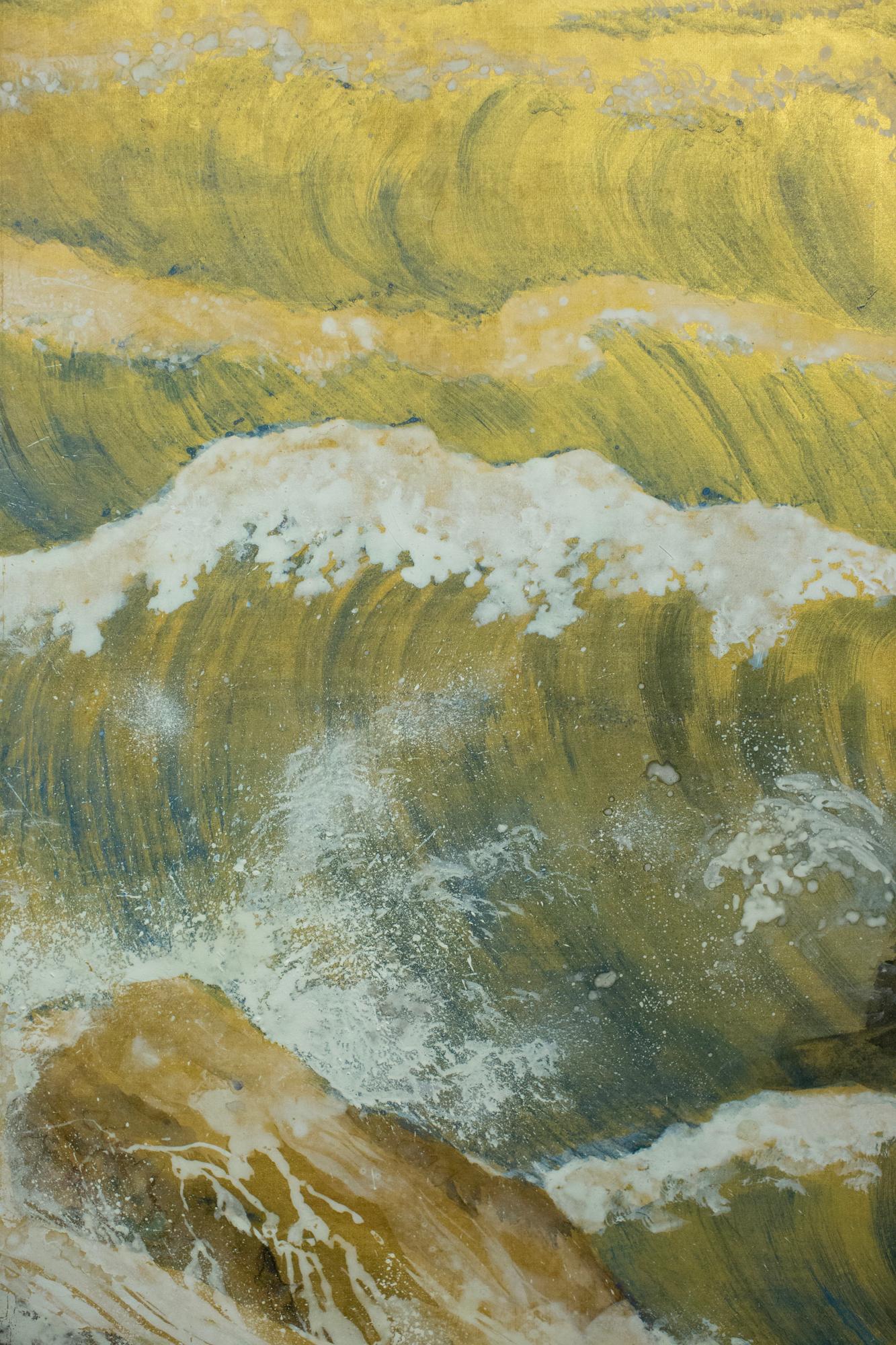 Paravent japonais à six panneaux : Des rochers et des vagues dans un paysage côtier en vente 5
